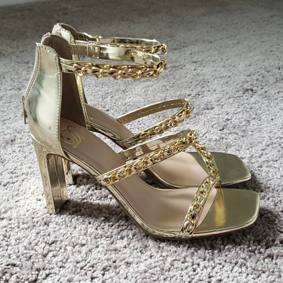 Back To Glam Triple Strap Gold Chrome Heels - Picture 9 of 13